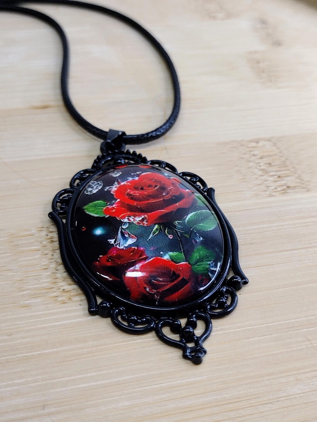 Black Gothic Victorian Romantic Emo Oval Pendant Red Roses With Dew ...