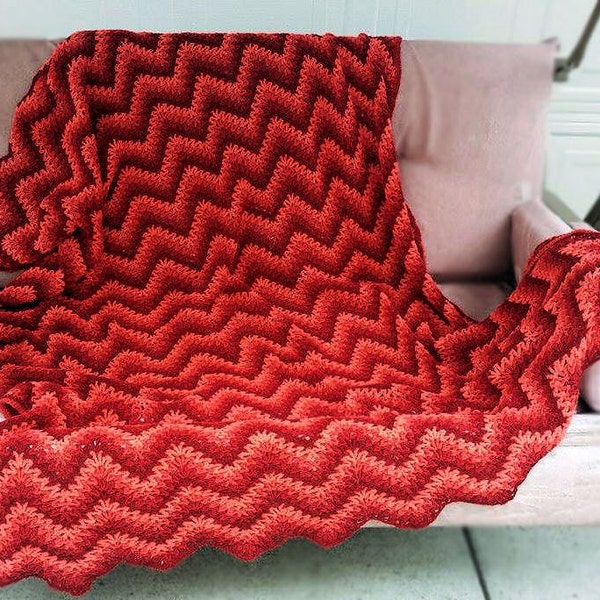 Knitted Vintage Afgan Bright Red Shades Chevron Zigzag Couch Cover Cozy Crocheted Lap Cover Afgan