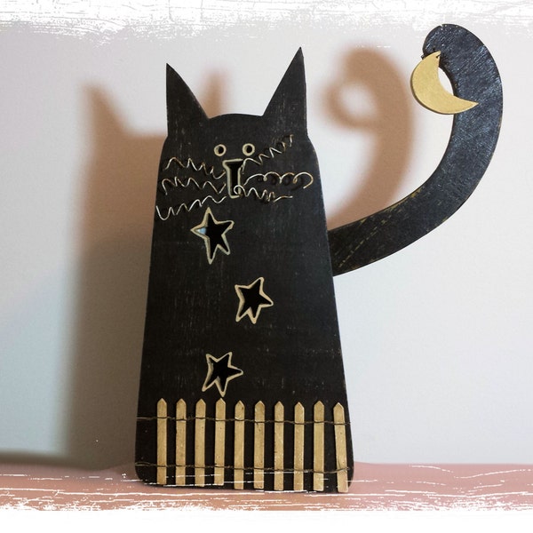 Vintage Whimsical Wooden Cat Night Light,Stars And Moon Kitty Child's Lamp,Black Cat On A Fence Bed Lamp,Vintage Bed Lamp