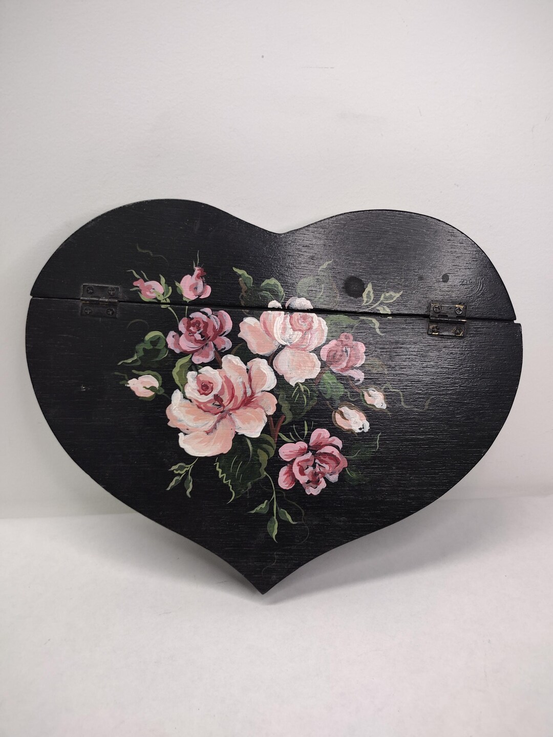 Vintage Handpainted Pink Roses Handmaid Painted Wooden Jewelry Trinket ...