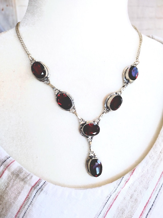Vintage Silver 925 Necklace With Ruby Garnet Rhin… - image 2