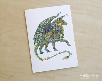 Green Dragon Watercolor Card // Magical Creature Greeting Card // 5 x 7 Size // Art Print