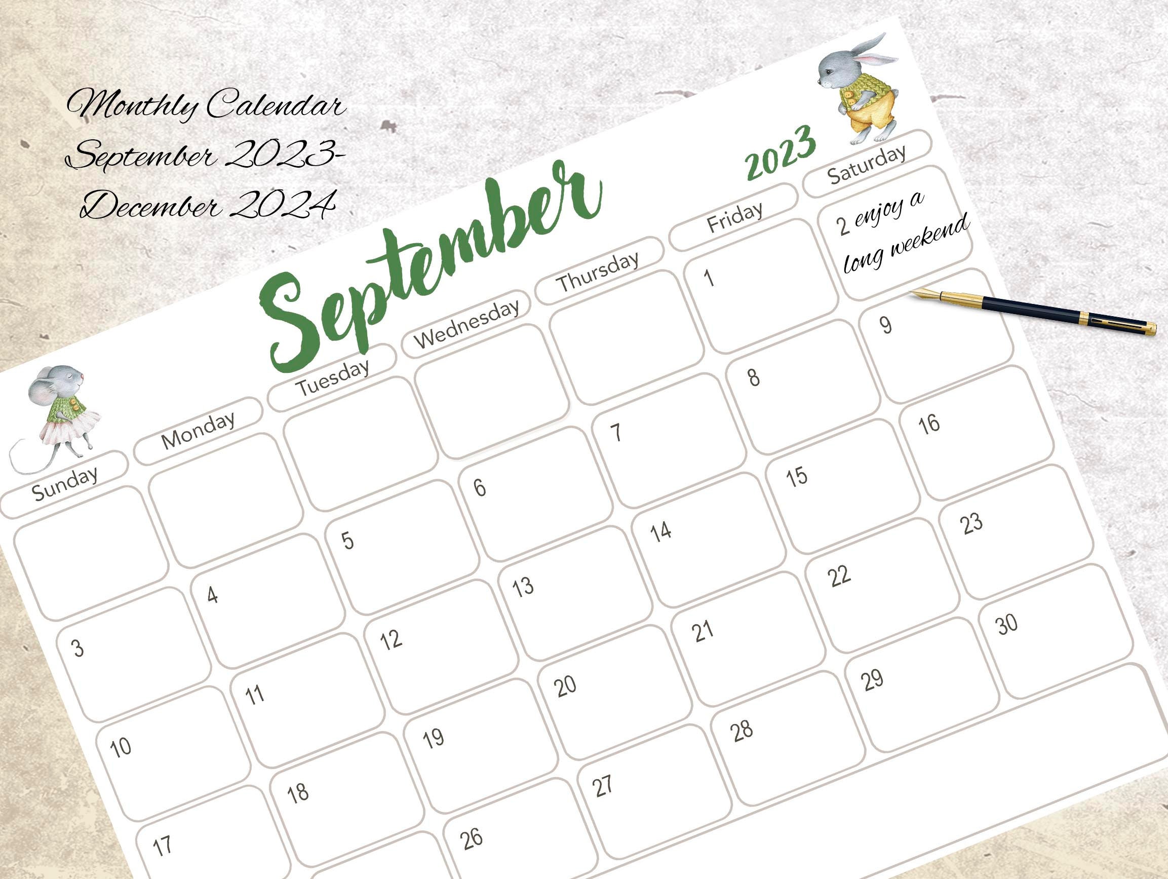 Calendar 2023 2024 16 Month Printable Calendar Instant - Etsy