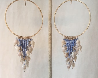 PENELOPE LUXE resort hoop earrings with blue & white striped antique Italian seed beads and tiny shells // resort wear // "forever summer"