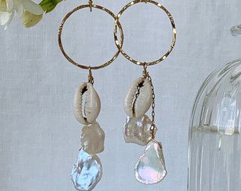 VANESSA cowrie & keshi pearl hoop  earrings