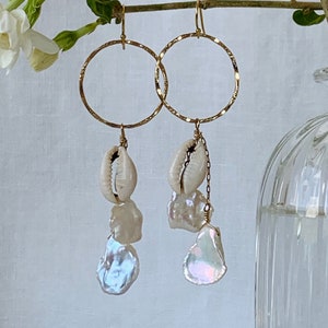 VANESSA cowrie & keshi pearl hoop  earrings