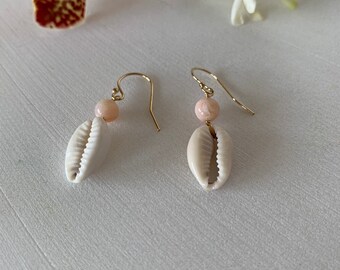 MEG cowrie and pink opal earrings