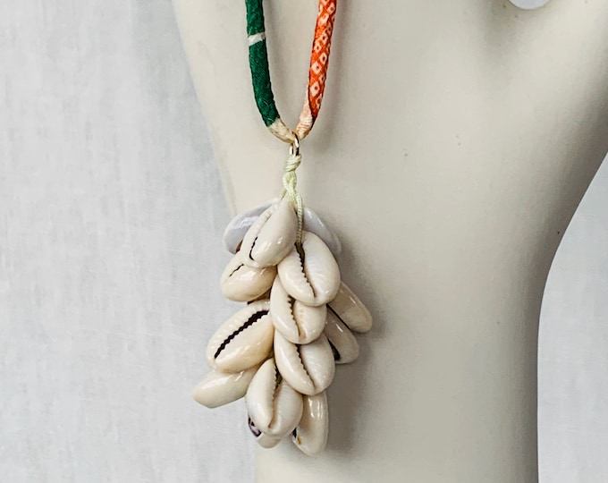 FINLEY cowrie tassel pendant on vintage kimono fabric cord necklace