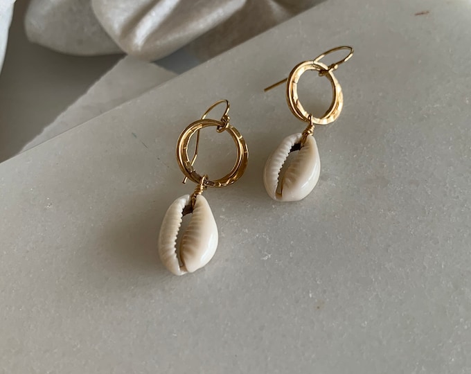 SALLY cowrie and double golden hoop earrings