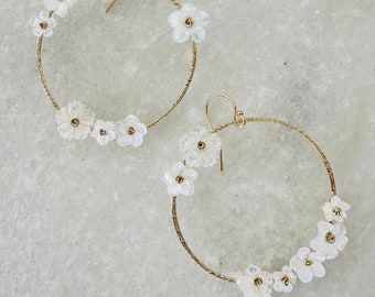 LEI luxe white flower hoop earrings