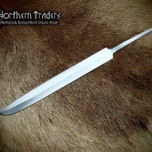 May include: A long, thin, silver-colored sword blade with a pointed tip. The blade is lying on a brown, furry surface.