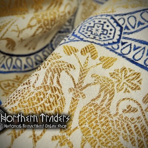 Brocade with confronted birds -  Blue / Gold / Light Grey - Remnant 130 cm