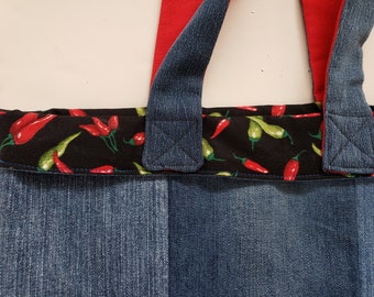 Chili peppers repurposed denim tote shopping bag, cotton, fully lined, handmade