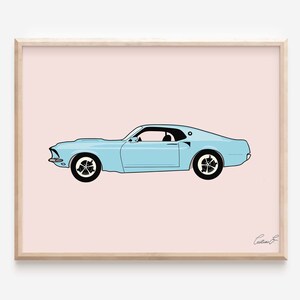 Mustang Classic Car Art Print | Muscle Car Art | Ford Muscle Car Wall Art | Vintage Car Art | Shelby GT  | Mustang GT | Blue Mustang Car