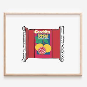 May include: A red and white cartoon illustration of a guava paste package with the text "Conchita Guava Paste Pasta de Guayaba" on the front. The package has a yellow and green guava fruit with seeds on the front.