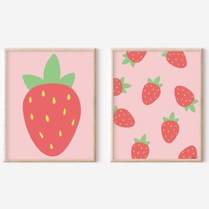 Printable Strawberry Art Print | Strawberries Art | Fruit Art Print | Printable Nursery  Kids Room Wall Art | Set of 2 Digital Download