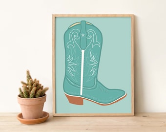 Blue Cowgirl Boot Art Print Poster | Western Art | Texas Nashville Art Print | Cowgirl Cowboy Art | Cowgirl Art Print | Southwestern Art