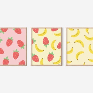 Strawberries and Bananas Art Set of 3 Digital Download | Kids Art | Strawberry Wall Art | Banana Wall Art l Fruits Print | Nursery Wall Art