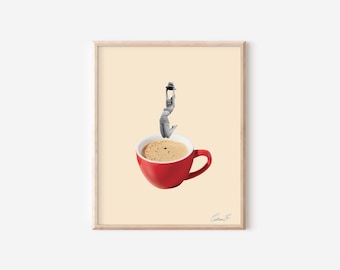 Digital Jumping into Cafecito Collage Art Print | Cuban Coffee Art | Miami Art | Cafe Art | Latin Food  | Collage Print | Latina Art Print