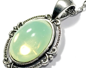 Uranium Glass Pendant Victorian Theme Oval Antiqued Silver Fluorescent UV Reactive Yellow Opal Vaseline Glass Simple Minimalist Necklace