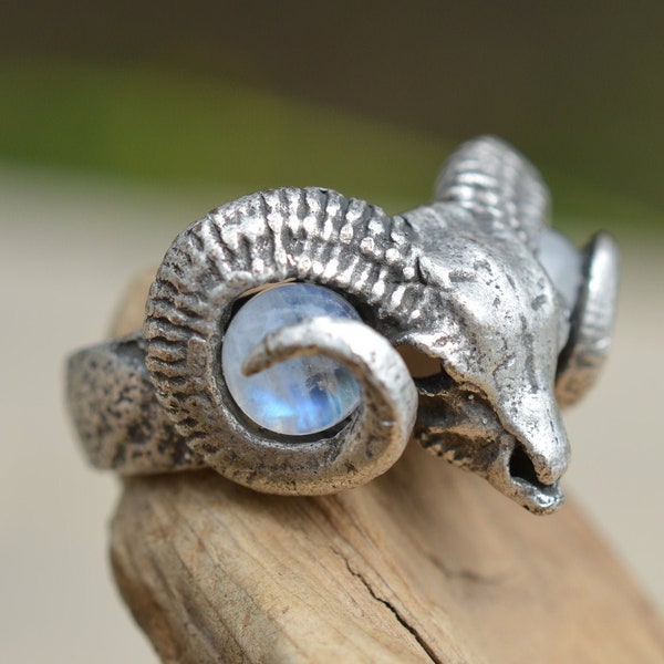 Ram Skull Moonstone Ring Adjustable Blue Rainbow Moonstone Goat Sheep Ram Baphomet Satan Devil Demon Skull Head Silver Plated Brass Unisex