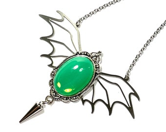 Uranium Glass Bat Wings Necklace UV reactive Green Opal Glass Stainless Steel Macabre Gothic Vampire Dragon Demon Devil Statement Necklace