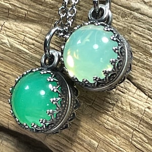 Victorian Uranium Sphere Pendant Antique Silver Fluorescent Glass Necklace - two color choices green yellow sphere ball marble