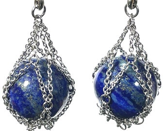 16g-00g Lapis Lazuli Ear Weight PAIR Chained Crystal Sphere Hangers Flashy Blue Gold Gemstone Stainless Steel Hooks