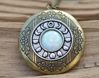 Lunar Cycle Opal Locket - Choose Your Opal Synthetic Fire Opal Mexican Opal Sea Opal Birthstone Custom Color Moon Phase Keepsake Memory