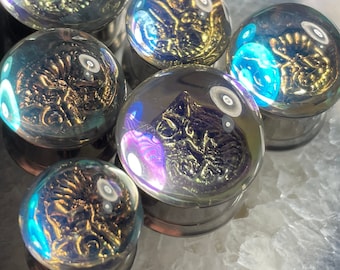 12-16mm Chameleon Plug PAIR Iridescent Glass and Resin Stainless Screw Back Tunnel Plugs 1/2" 9/16" 5/8" Lizard Reptile Egg Skeleton Fossil