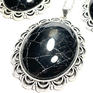 REAL Spiderweb Necklace Black & Antiqued Silver Spooky Halloween glittering Victorian Style gothic witchy REAL preserved spider web specimen