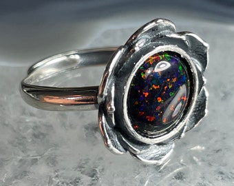 Sterling Synthetic Black Opal Lotus Ring - Adjustable 925 Silver Floral Water Lily Red Green Black Fire Opal October Birthstone
