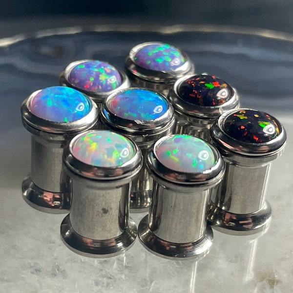 Synthetic Opal plugs 2g (6mm) PAIR Stainless Steel Screw Back Ear Tunnel October Birthstone Color Choice Fire Opal **For Gauged Ears**