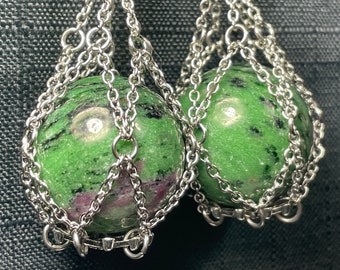 16g-00g Ruby Zoisite Ear Weight PAIR Chained Crystal Sphere Hangers Flashy Anyolite Corundum Birthstone Gemstone Stainless Steel Hooks