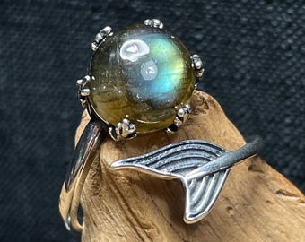 Labradorite Mermaid Ring, Adjustable 925 Sterling Silver