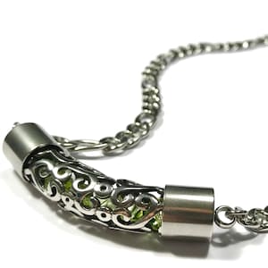 Men’s Uranium Glass Necklace Stainless Steel Figaro Chain with Filigree Tube Fluorescent UV Reactive Heavy masculine gift fathers day unisex