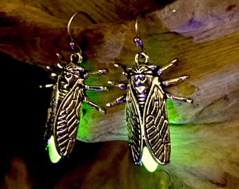 Uranium Firefly Earrings Fluorescent Cicada UV Reactive  Blacklight night time insect camping hiking outdoors summer music festival jewelry