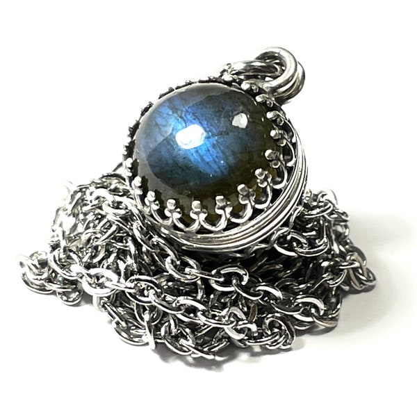 Victorian Blue Labradorite Sphere Antiqued Silver Pendant Necklace Flashy Royal Blue Spectrolite Crown Setting Dainty Delicate Feminine