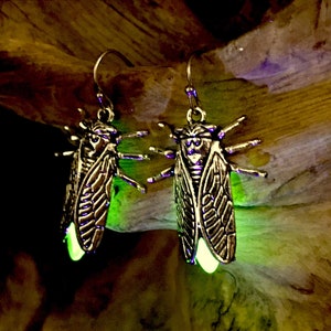 Uranium Firefly Earrings Fluorescent Cicada UV Reactive Blacklight Antiqued Silver Lightning Bug Insect Entomology Vaseline Glass Jewelry