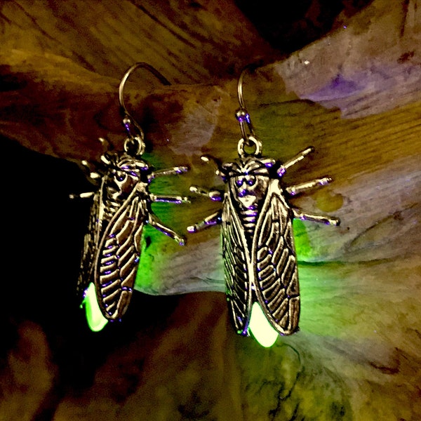 Uranium Firefly Earrings Fluorescent Cicada UV Reactive  Blacklight night time insect camping hiking outdoors summer music festival jewelry