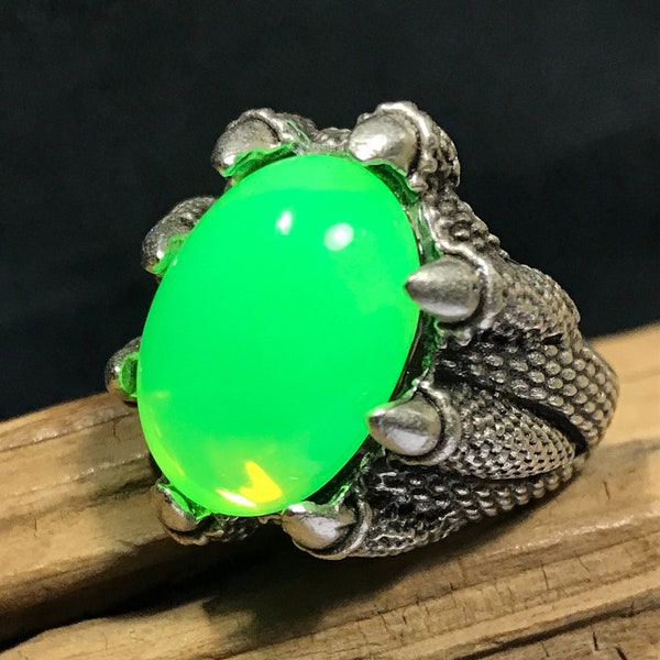 Uranium Glass Dragon Claw Ring Fluorescent UV Men's Unisex Adjustable heavy band reptile wizard signet renaissance style plated brass