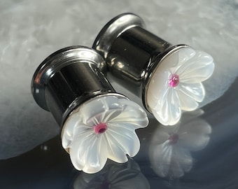 Sakura Flower plugs 0g(8mm) PAIR Cherry Blossom Synthetic Ruby Mother of Pearl Stainless Screw Back Tunnel July Birthstone *For Gauged Ears*