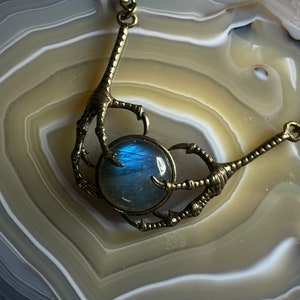 Blue Labradorite Raven Talon Necklace Gothic Style Antiqued Bronze Crow Claw Pendant Steampunk Pagan Witch Theme Spectrolite Bird Jewelry
