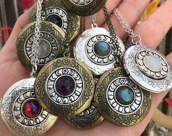 Lunar Cycle Gemstone Locket - Choose from Amethyst, Garnet, Moonstone, Lapis, Diopside, Labradorite, Onyx natural crystal gemstones