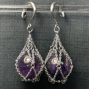 Amethyst Crystal Ear Hangers 14g-00g PAIR Chained Sphere Gemstone Net Weights February Birthstone Stainless Steel Hooks  **For Gauged Ears**