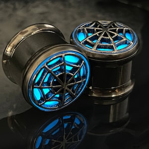 GLOW in the DARK Spiderweb Plugs 9/16” (14mm) PAIR Stainless Steel Screw Back Ear Tunnel Glowing Blue Halloween **For Gauged Ears**