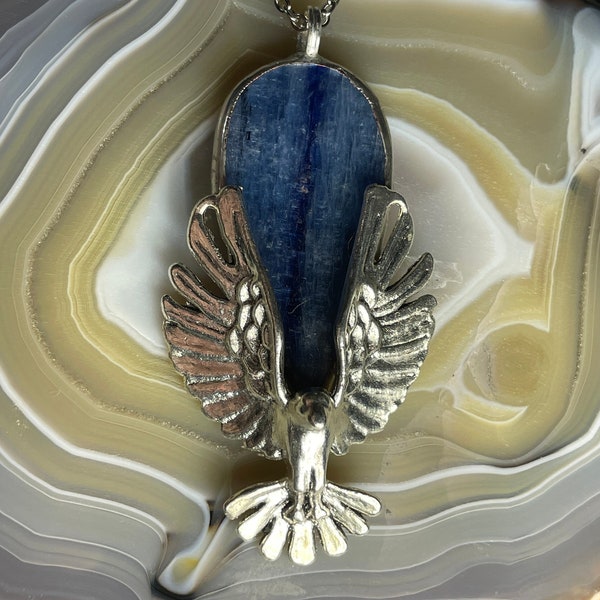 Kyanite Eagle Pendant Thunderbird Phoenix Bird of Prey Hawk Raptor Falconer Azure Blue Disthene Gemstone Unisex fantasy jewelry