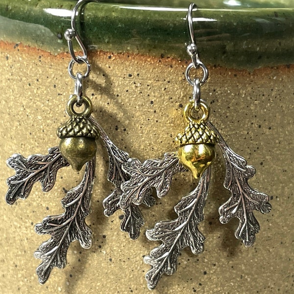 Oak Leaf Acorn Earrings Two Tone Oak Tree Branch and Seed Silver Plated Brass Dangle Earrings Choose your Color Bronze Golden or Silver