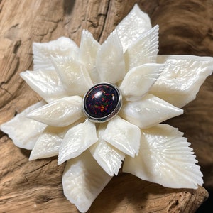 Black Opal Lotus Brooch Gar Fish Scales Water Lily Moonflower bag hat lapel pin October birthstone natural bone Synthetic opal accessory