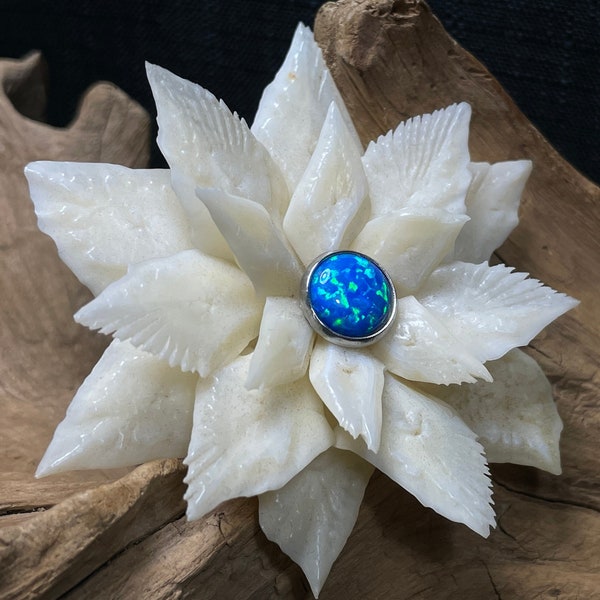 Blue Opal Moonflower Brooch with Gar Scales lotus water lily bag hat lapel pin october birthstone natural fish bone fire opal accessory